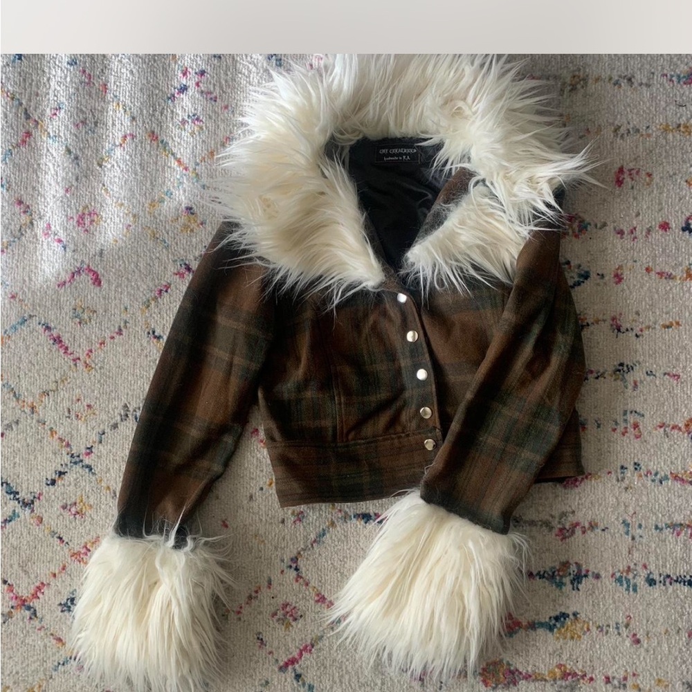 Women's Faux Fur Trim Plaid Jacket